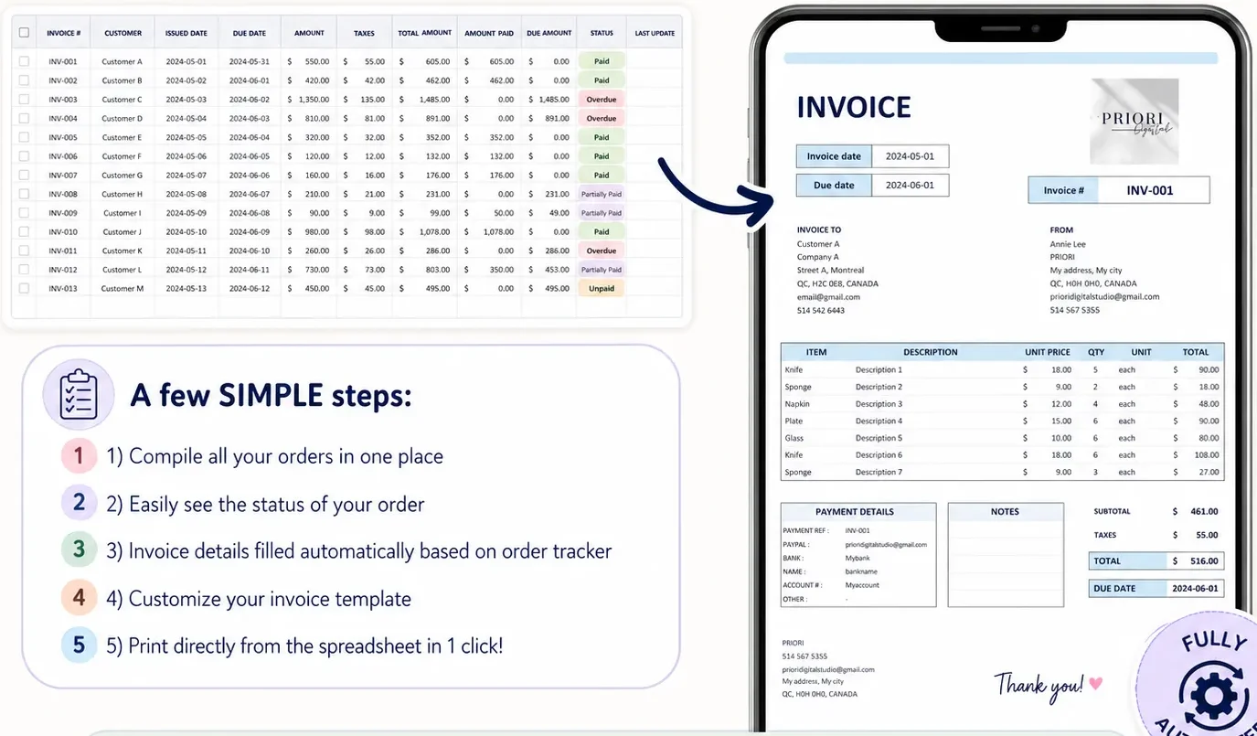 Automated invoice tab with the invoice list and a printable invoice
